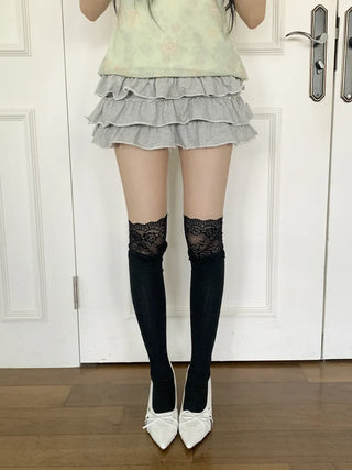 Rot Lace Ribbed High Knee Long Socks