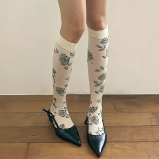Vintage Rose Flower Pattern Knee Socks