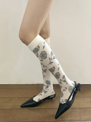 Vintage Rose Flower Pattern Knee Socks