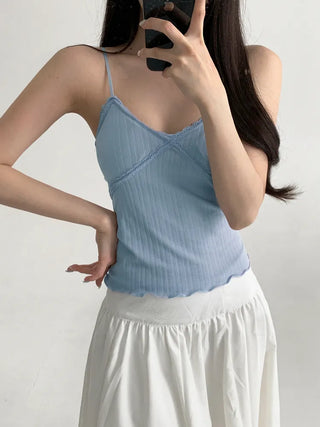 Popori Pastel Lace Ribbed Cap Bralette Sleeveless