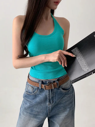 Venue Halterneck Ribbed Color Cap Bralette Sleeveless