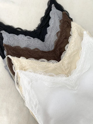 Supi Lace Ribbed V-Neck Cap Bralette Sleeveless