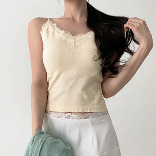 Supi Lace Ribbed V-Neck Cap Bralette Sleeveless