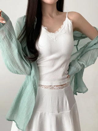 Supi Lace Ribbed V-Neck Cap Bralette Sleeveless