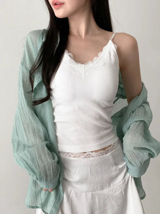 Supi Lace Ribbed V-Neck Cap Bralette Sleeveless