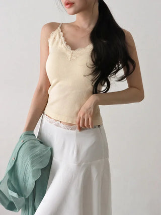 Supi Lace Ribbed V-Neck Cap Bralette Sleeveless