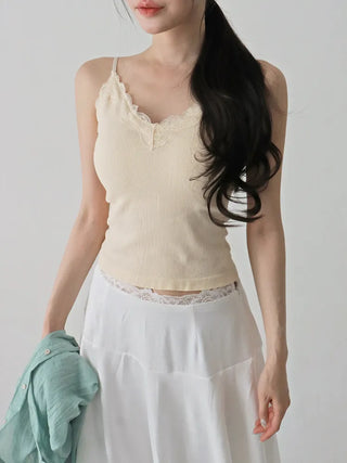 Supi Lace Ribbed V-Neck Cap Bralette Sleeveless