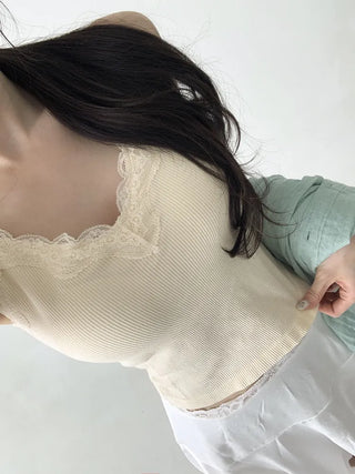 Supi Lace Ribbed V-Neck Cap Bralette Sleeveless