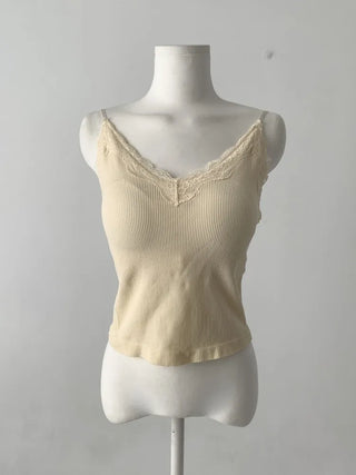 Supi Lace Ribbed V-Neck Cap Bralette Sleeveless