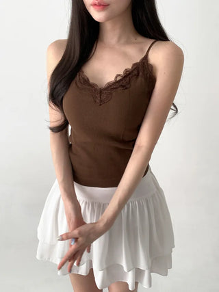 Supi Lace Ribbed V-Neck Cap Bralette Sleeveless