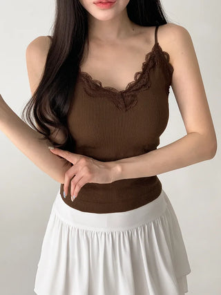 Supi Lace Ribbed V-Neck Cap Bralette Sleeveless