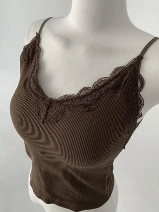 Supi Lace Ribbed V-Neck Cap Bralette Sleeveless