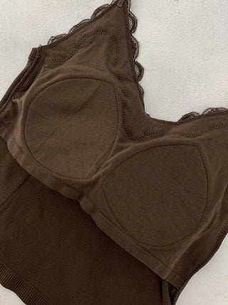 Supi Lace Ribbed V-Neck Cap Bralette Sleeveless