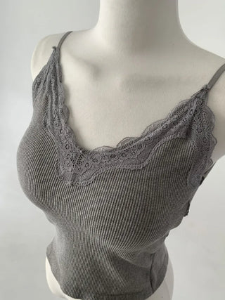 Supi Lace Ribbed V-Neck Cap Bralette Sleeveless