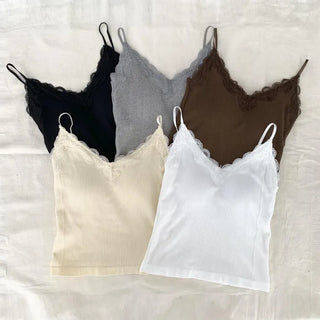 Supi Lace Ribbed V-Neck Cap Bralette Sleeveless