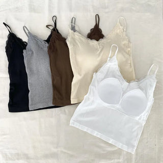 Supi Lace Ribbed V-Neck Cap Bralette Sleeveless