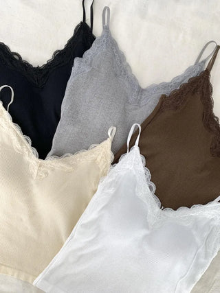 Supi Lace Ribbed V-Neck Cap Bralette Sleeveless