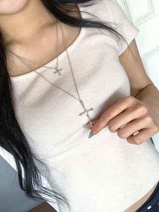 Double Cross Layered Chain Long Necklace