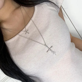 Double Cross Layered Chain Long Necklace