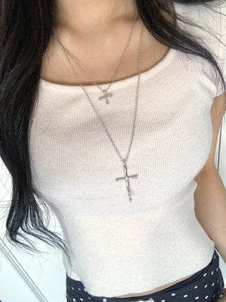 Double Cross Layered Chain Long Necklace