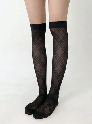 Chic Diamond Check See-through Knee Socks Stockings