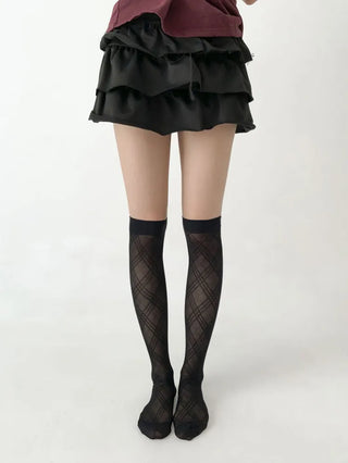 Chic Diamond Check See-through Knee Socks Stockings