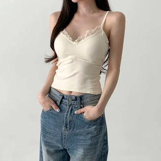 Deep V Lace Stretchy Soft Sleeveless Cap Sleeveless Top