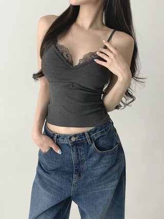 Deep V Lace Stretchy Soft Sleeveless Cap Sleeveless Top