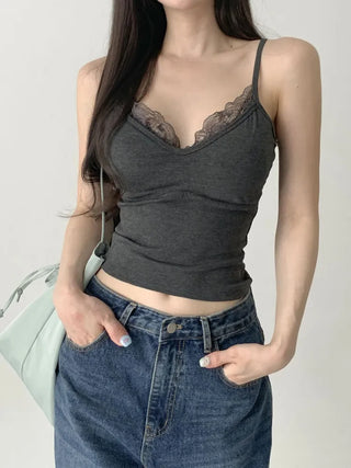 Deep V Lace Stretchy Soft Sleeveless Cap Sleeveless Top