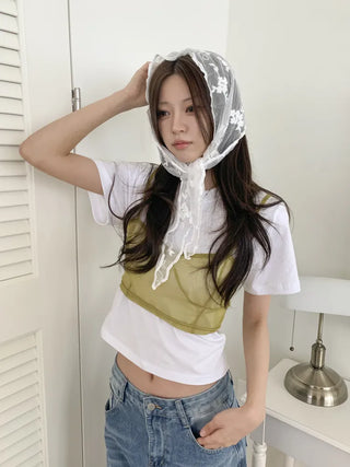Soy Flower Embroidered See-through Color Triangle Scarf