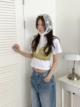 Soy Flower Embroidered See-through Color Triangle Scarf