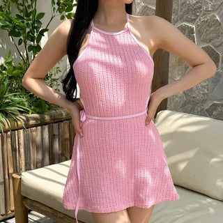 Halter Knit Slit All-in-One One-Piece Swimsuit