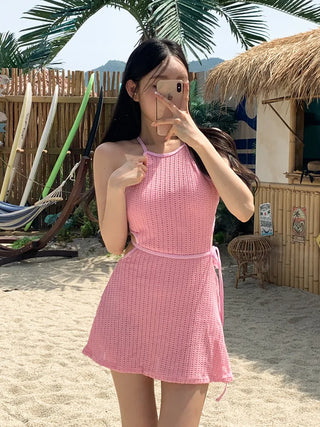 Halter Knit Slit All-in-One One-Piece Swimsuit