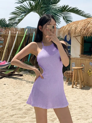 Halter Knit Slit All-in-One One-Piece Swimsuit