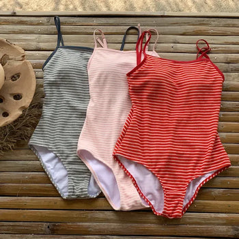 Terry Striped Back Ribbon Monokini Swimsuit
