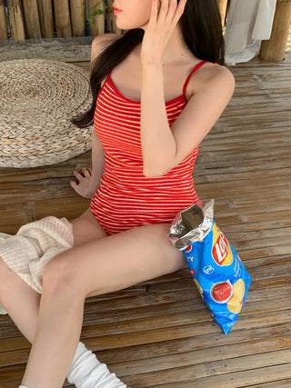 Terry Striped Back Ribbon Monokini Swimsuit