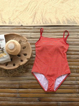 Terry Striped Back Ribbon Monokini Swimsuit