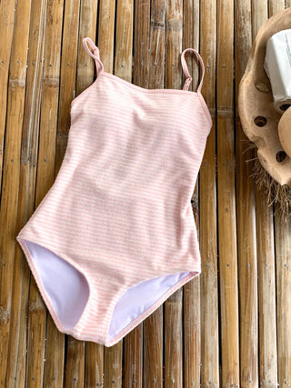 Terry Striped Back Ribbon Monokini Swimsuit