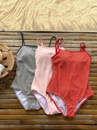 Terry Striped Back Ribbon Monokini Swimsuit