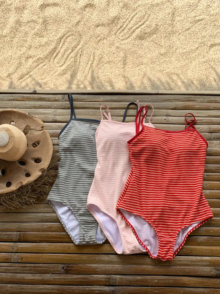 Terry Striped Back Ribbon Monokini Swimsuit