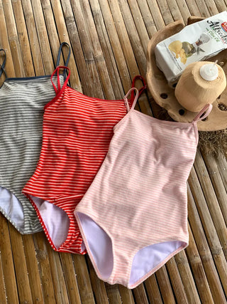 Terry Striped Back Ribbon Monokini Swimsuit