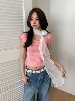 Lia Rose Brooch See-through Wrinkle Long Scarf