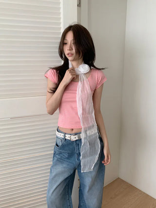 Lia Rose Brooch See-through Wrinkle Long Scarf