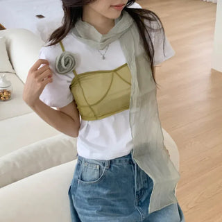 Lia Rose Brooch See-through Wrinkle Long Scarf