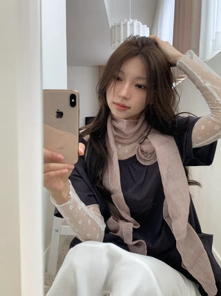 Lia Rose Brooch See-through Wrinkle Long Scarf