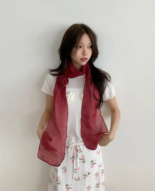 Lia Rose Brooch See-through Wrinkle Long Scarf