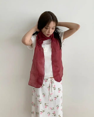 Lia Rose Brooch See-through Wrinkle Long Scarf