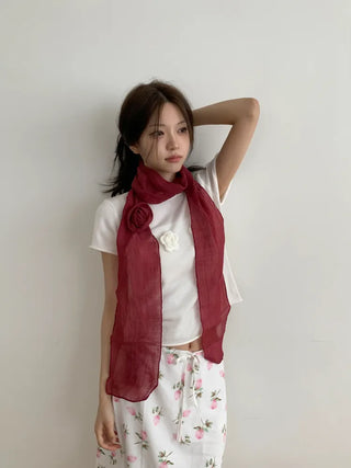 Lia Rose Brooch See-through Wrinkle Long Scarf
