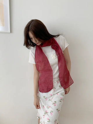 Lia Rose Brooch See-through Wrinkle Long Scarf