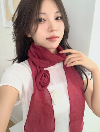 Lia Rose Brooch See-through Wrinkle Long Scarf